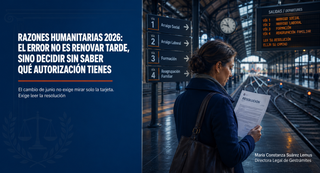 Persona en una estación de tren leyendo una resolución sobre razones humanitarias 2026 y valorando distintas vías de residencia en España. Título