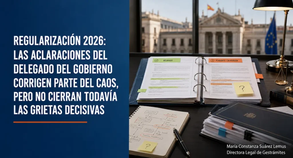 Imagen jurídica del artículo sobre la regularización 2026 en España, con expediente administrativo abierto, documentos en revisión y criterios pendientes, en un entorno institucional.