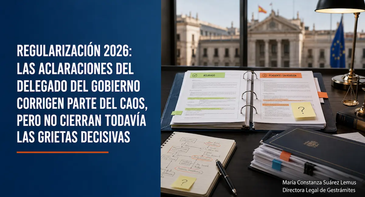 Imagen jurídica del artículo sobre la regularización 2026 en España, con expediente administrativo abierto, documentos en revisión y criterios pendientes, en un entorno institucional.
