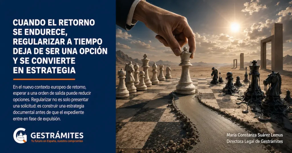 Tablero de ajedrez en un paisaje desértico, con piezas blancas sólidas y piezas negras derritiéndose, simbolizando la regularización a tiempo como estrategia frente al endurecimiento del retorno.