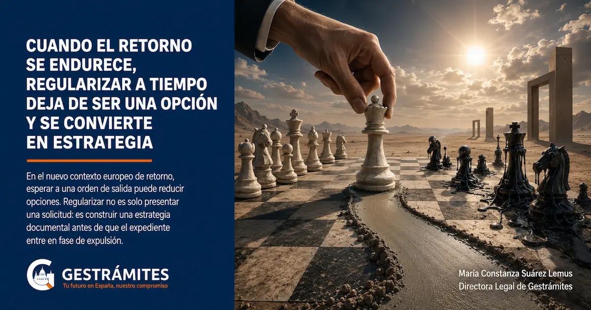 Tablero de ajedrez en un paisaje desértico, con piezas blancas sólidas y piezas negras derritiéndose, simbolizando la regularización a tiempo como estrategia frente al endurecimiento del retorno.