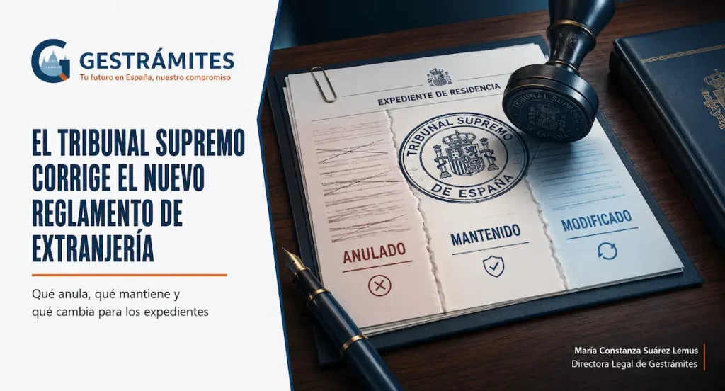 Expediente de residencia dividido en tres secciones —anulado, mantenido y modificado— bajo un sello del Tribunal Supremo, como símbolo de la corrección parcial del Reglamento de Extranjería.