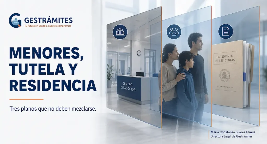 Imagen simbólica sobre menores, tutela y residencia, con tres planos jurídicos separados: centro de acogida, familia con menor y expediente de residencia.