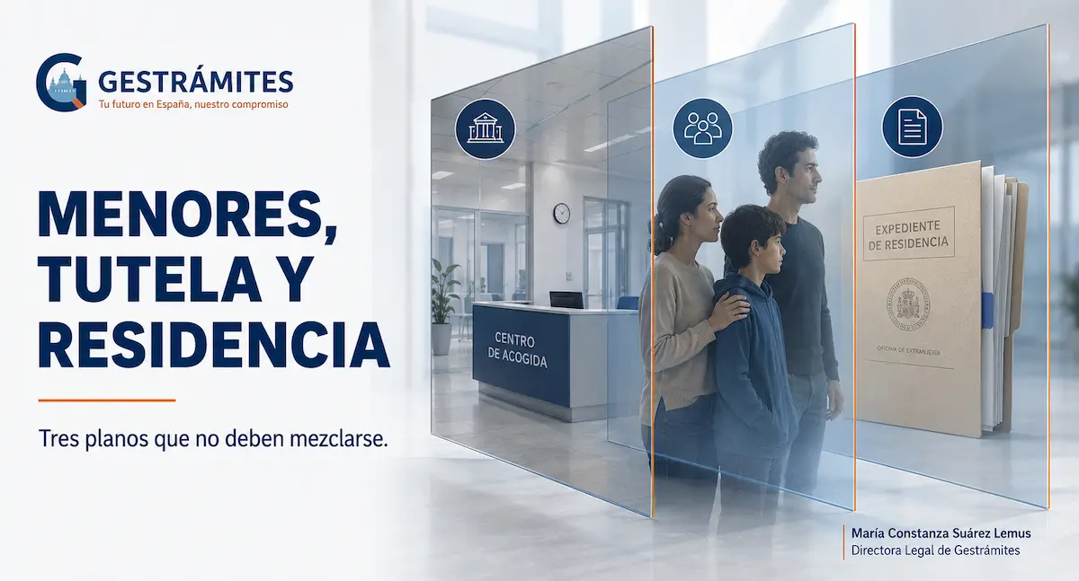 Imagen simbólica sobre menores, tutela y residencia, con tres planos jurídicos separados: centro de acogida, familia con menor y expediente de residencia.