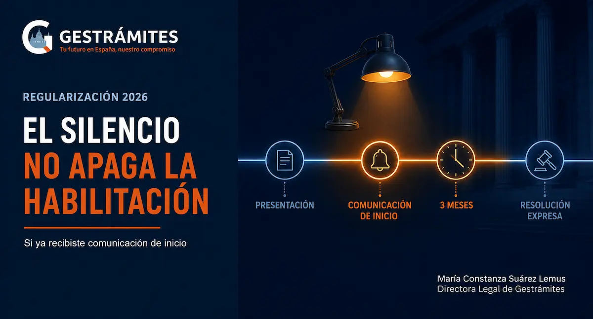Línea administrativa sobre regularización 2026 con comunicación de inicio iluminada, marcador de tres meses y resolución expresa al final, simbolizando que el silencio no apaga la habilitación.