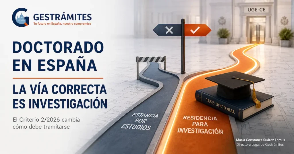 Birrete doctoral y tesis en una bifurcación entre “estancia por estudios” y “residencia para investigación”, simbolizando la vía correcta para el doctorado en España según el Criterio 2/2026.