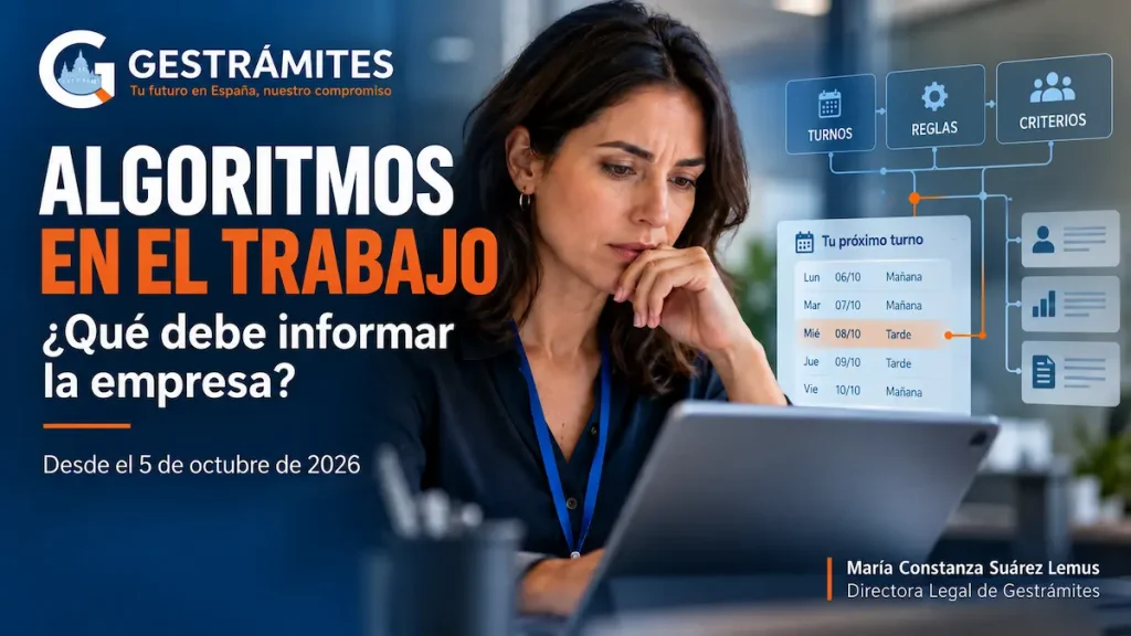Trabajadora consulta una decisión sobre sus turnos mientras una representación visual muestra los criterios de un sistema algorítmico utilizado en el ámbito laboral