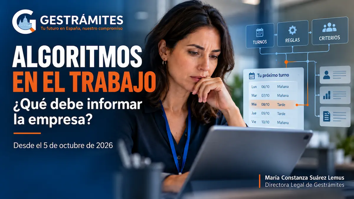 Trabajadora consulta una decisión sobre sus turnos mientras una representación visual muestra los criterios de un sistema algorítmico utilizado en el ámbito laboral