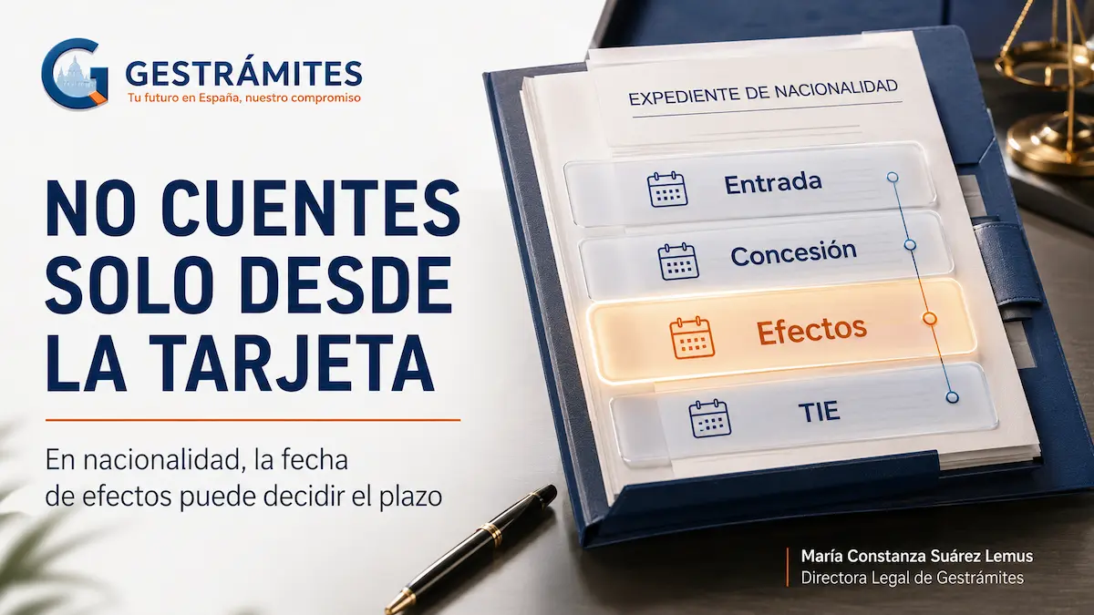 Imagen jurídica sobre nacionalidad española con distintas fechas de entrada, concesión, efectos y TIE, destacando la fecha que cuenta para residencia legal.